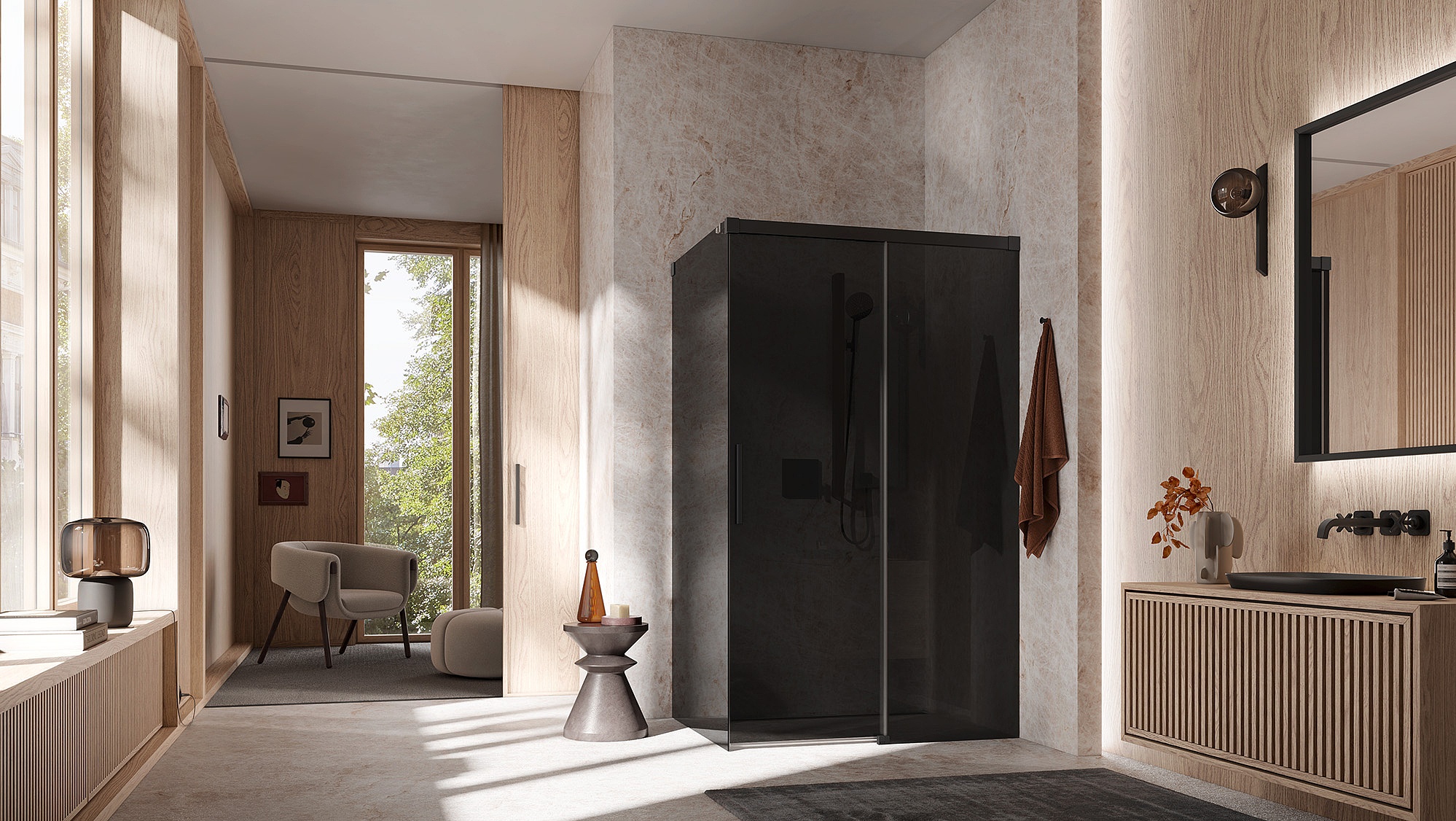 Kermi Profil-Duschkabine NICA Gleittür 2-teilig bodenfrei mit Festfeld ohne Wandprofil in Kombination mit Seitenwand ohne Wandprofil in Schwarz Soft und Farbglas Dunkelgrau über EXTRA