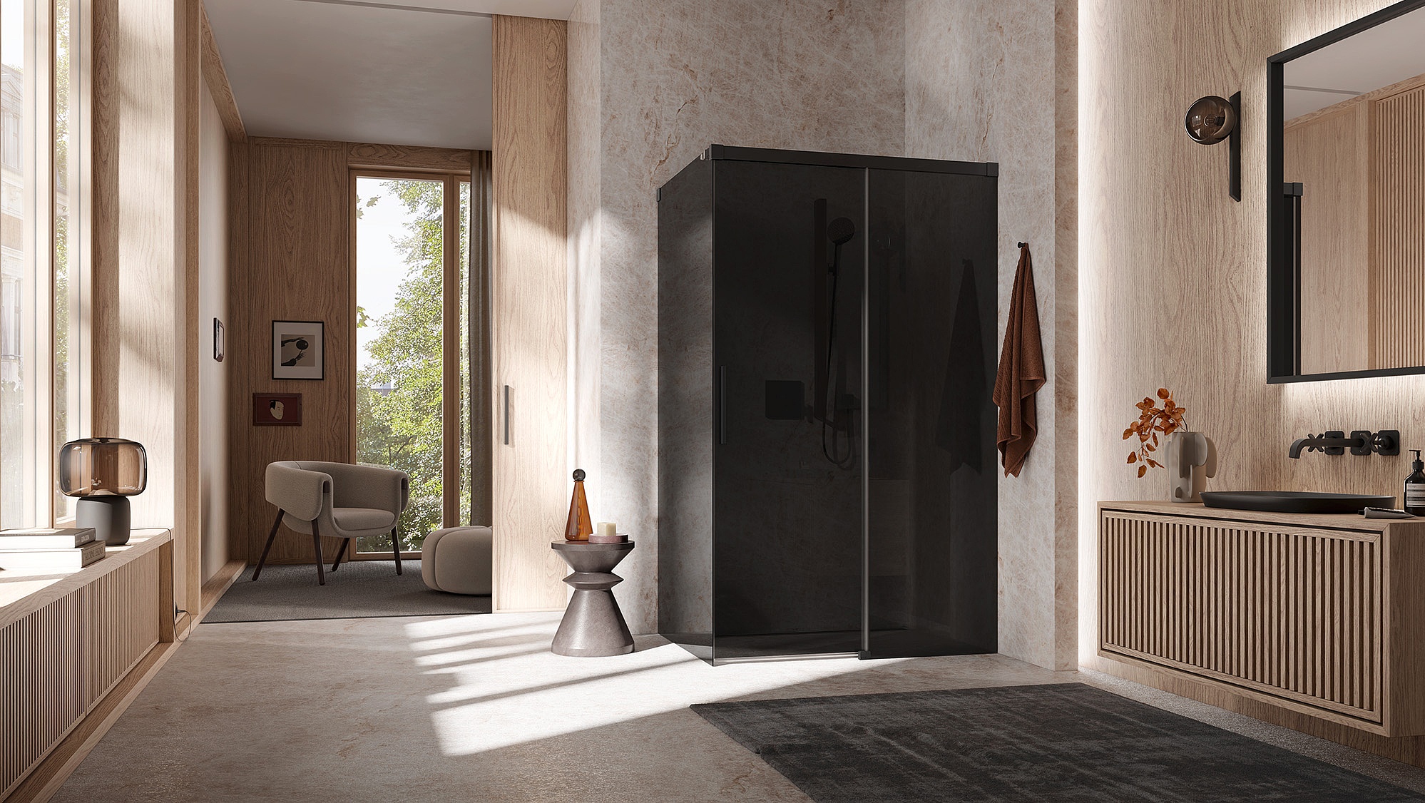 Kermi Profil-Duschkabine NICA Gleittür 2-teilig bodenfrei mit Festfeld ohne Wandprofil in Kombination mit Seitenwand ohne Wandprofil in Schwarz Soft und Farbglas Dunkelgrau über EXTRA