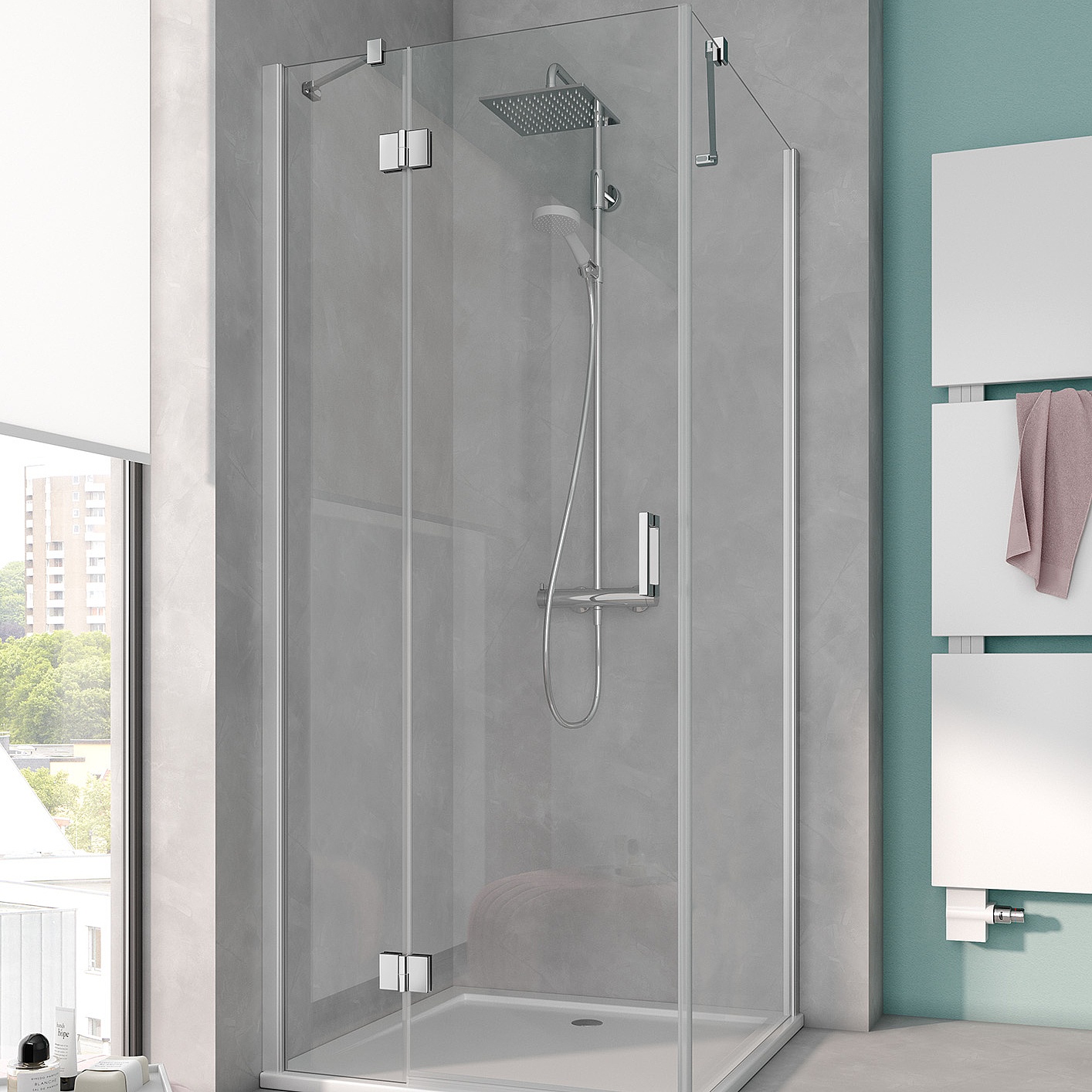 Zawiasowa kabina prysznicowa Kermi OSIA, drzwi skrzydłowe z polem stałym i ściana boczna