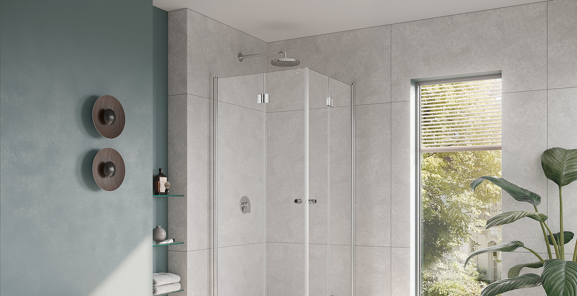 Paroi de douche à profilé Kermi avec accès d’angle JONA à 2 éléments (portes pivotantes repliables) 