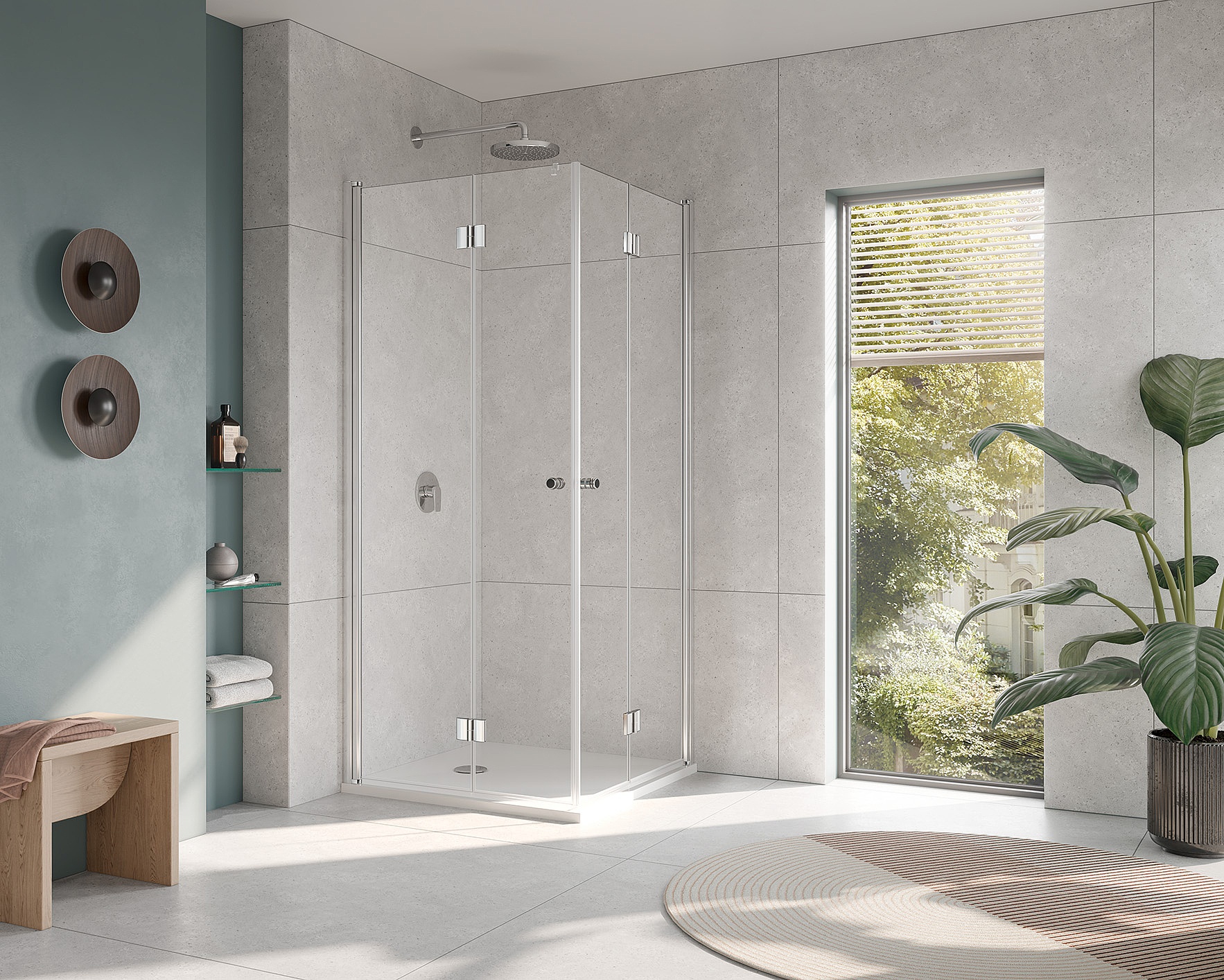 Paroi de douche à profilé Kermi avec accès d’angle JONA à 2 éléments (portes pivotantes repliables) 