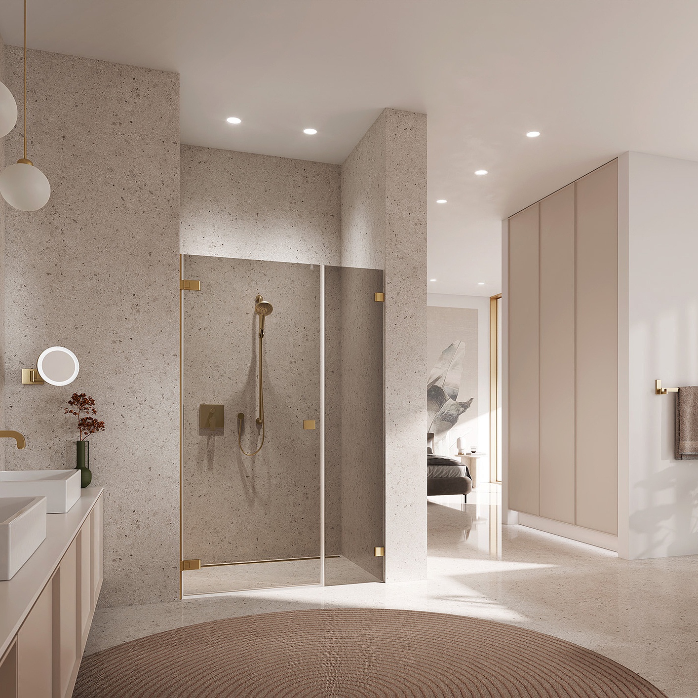 Kermi Duschdesign Beschlag-Duschkabine MENA Pendeltür 1-flügelig und Festfeld mit Wandbeschlag in Brushed Gold und Farbglas Bronze über EXTRA