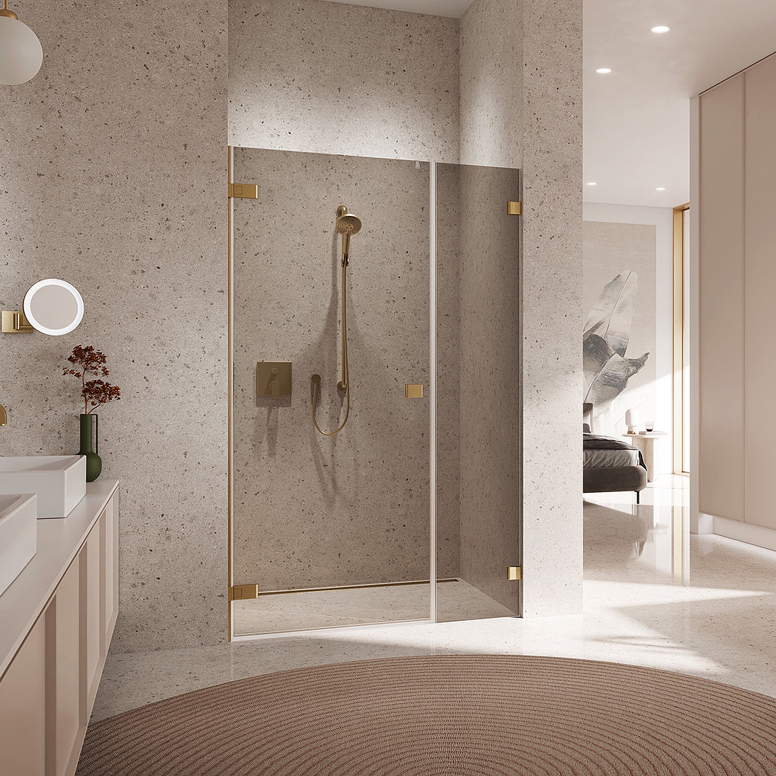Kermi Duschdesign Beschlag-Duschkabine MENA Pendeltür 1-flügelig und Festfeld mit Wandbeschlag in Brushed Gold und Farbglas Bronze über EXTRA