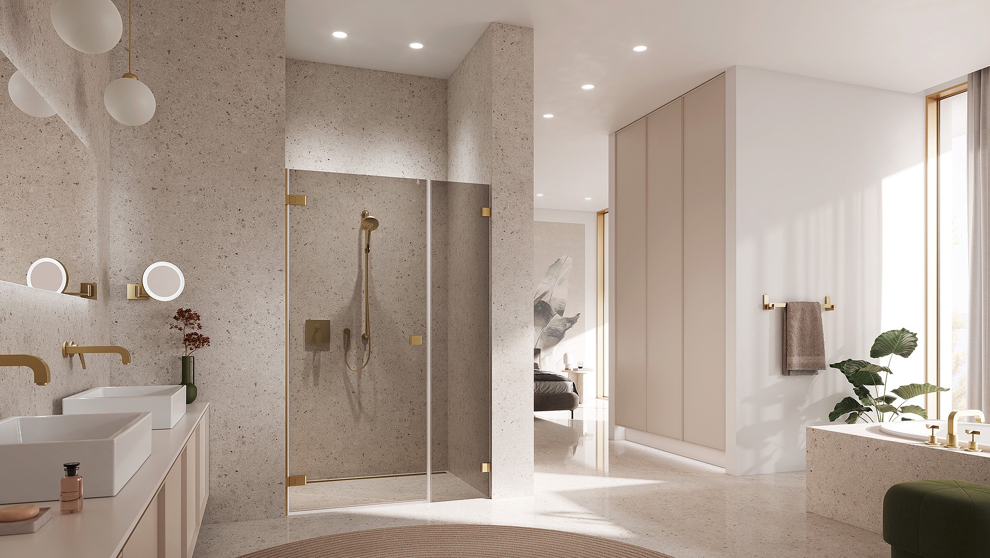 Kermi Beschlag-Duschkabine MENA Pendeltür 1-flügelig und Festfeld mit Wandbeschlag in Brushed Gold und Farbglas Bronze über EXTRA