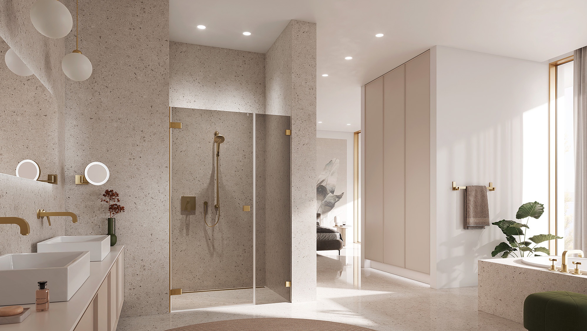 Paroi de douche à charnières Kermi avec porte pivotante MENA à 1 battant et élément fixe avec charnière murale en Brushed Gold et verre teinté Bronze par EXTRA