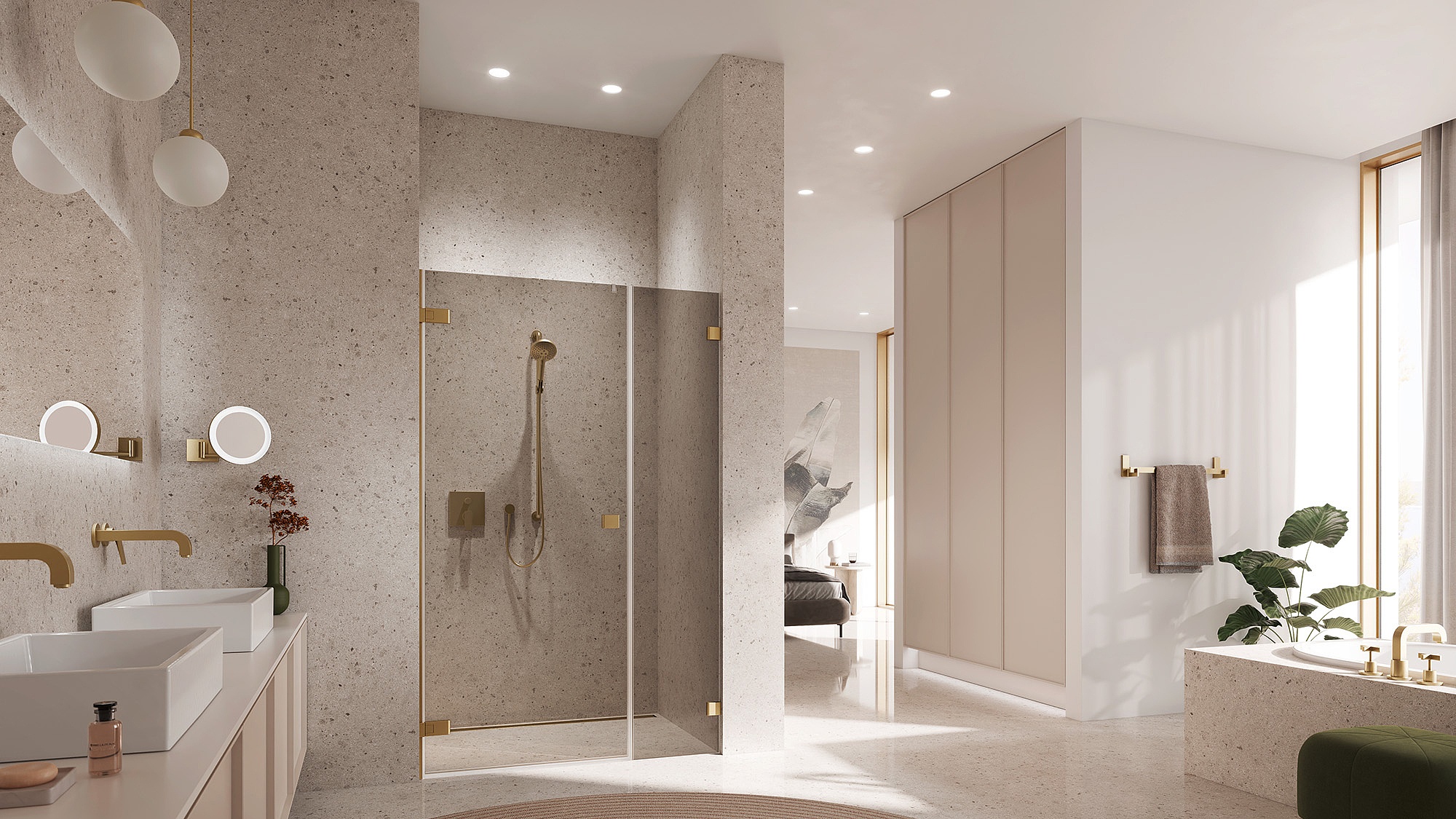 Kermi Duschdesign Beschlag-Duschkabine MENA Pendeltür 1-flügelig und Festfeld mit Wandbeschlag in Brushed Gold und Farbglas Bronze über EXTRA