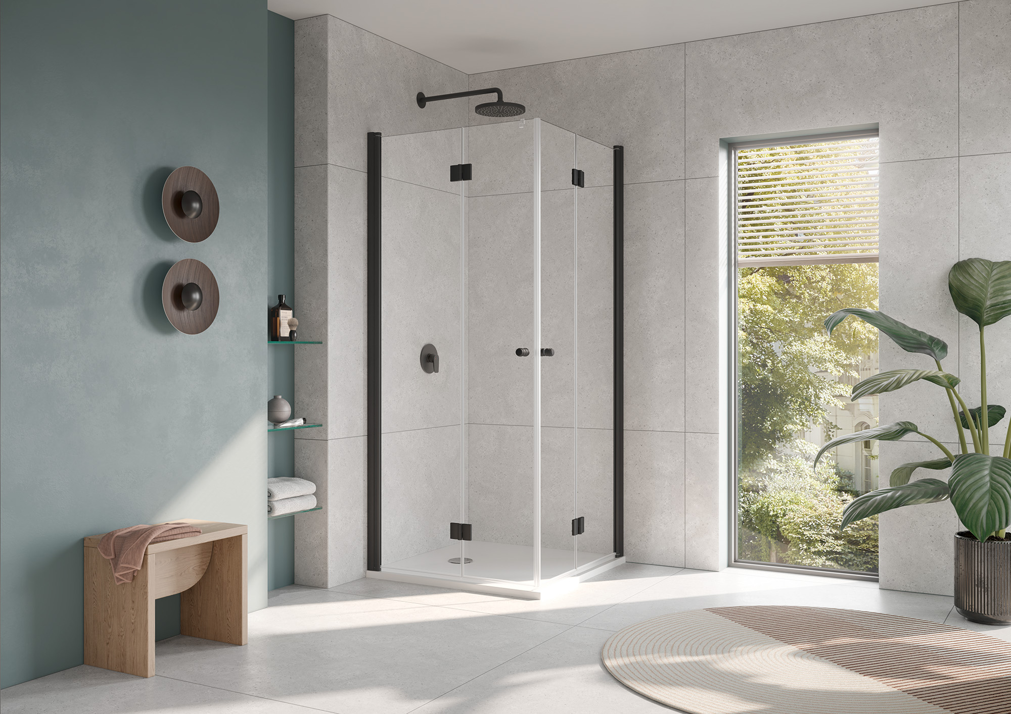 Paroi de douche à profilé Kermi avec accès d’angle JONA à 2 éléments (portes pivotantes repliables) noir