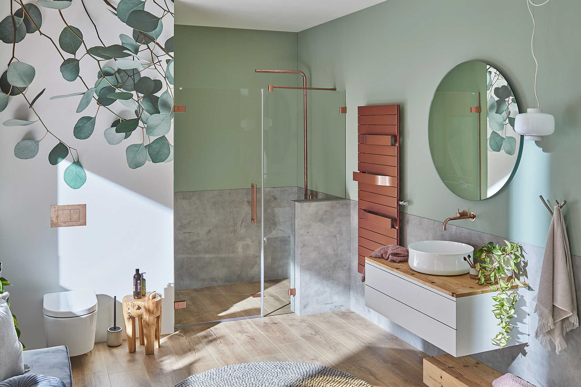 Kermi Beschlag-Duschkabine MENA Pendeltür 1-flügelig und Festfeld mitAusschnitt an Vormauerung in Classic Kupfer über EXTRA