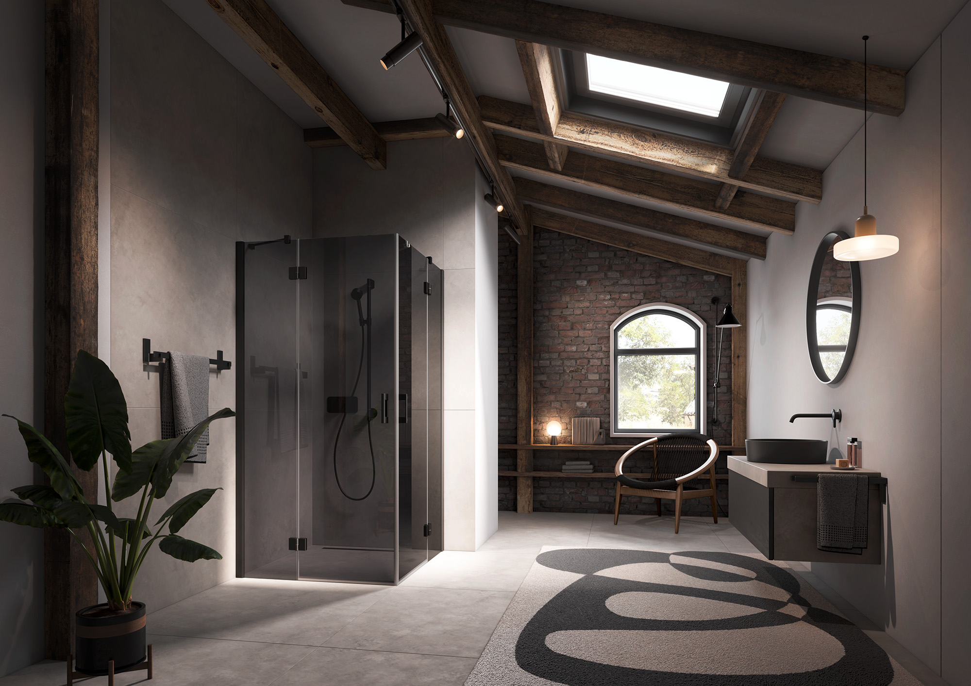 Kermi Profil-Duschkabine LIGA Eckeinstieg 2-teilig (Schwingtüren mit Festfeldern) mit Wandprofil in Schwarz Soft und Farbglas Grau über EXTRA