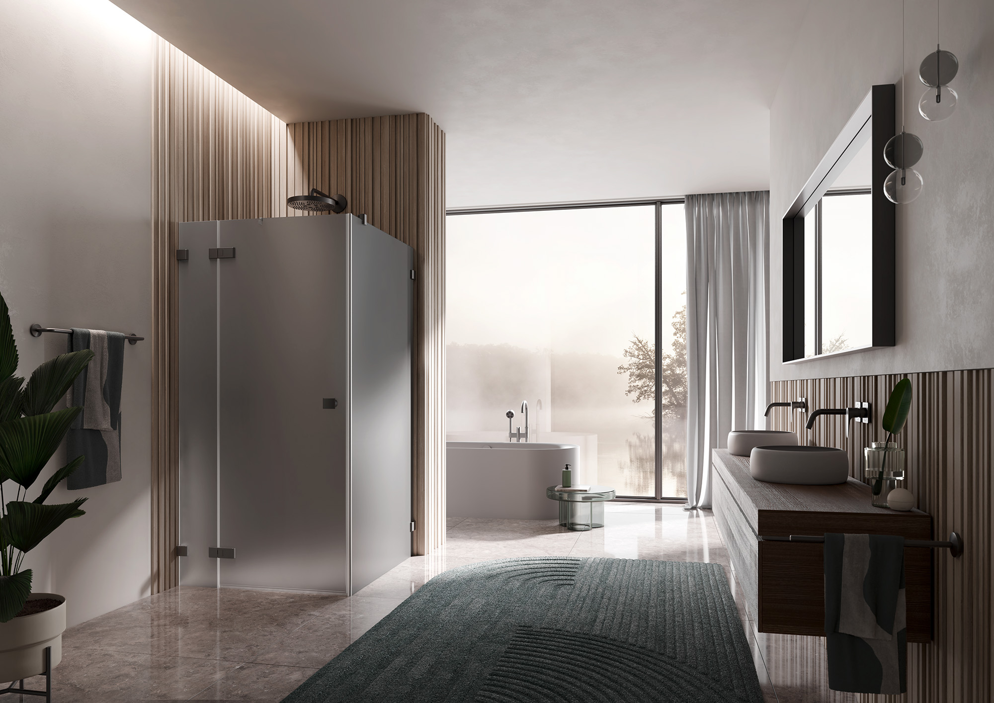 Kermi Beschlag-Duschkabine MENA Pendeltür 1-flügeig mit Festfeld mit Wandbeschlag in Kombination mit Seitenwand mit Wandbeschlag in Brushed Black Chrome und Farbglas Grau Matt über EXTRA