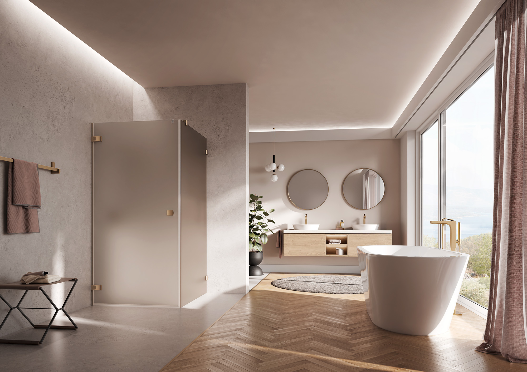 Kermi Beschlag-Duschkabine MENA Pendeltür 1-flügelig mit Festfeld mit Wandbeschlag in Brushed Bronze und Farbglas Bronze Matt über EXTRA