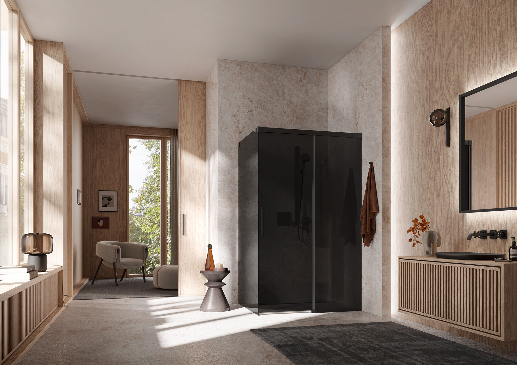 Kermi Profil-Duschkabine NICA Gleittür 2-teilig bodenfrei mit Festfeld ohne Wandprofil in Kombination mit Seitenwand ohne Wandprofil in Schwarz Soft und Farbglas Dunkelgrau über EXTRA