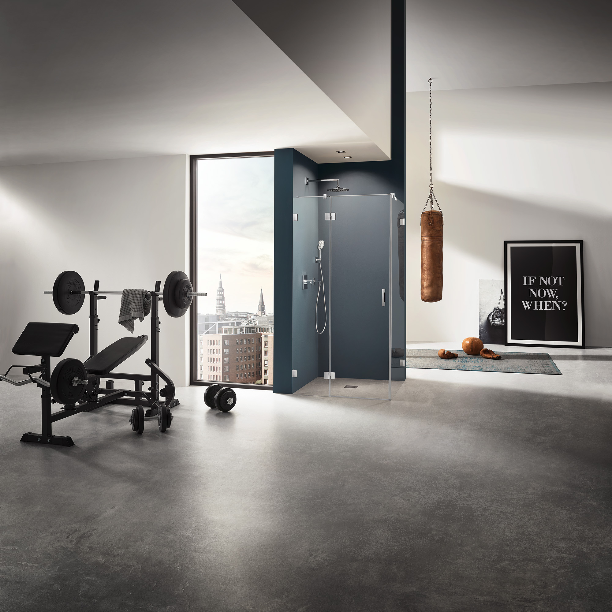 Paroi de douche à charnière Kermi avec porte battante LIGA avec élément fixe à charnière murale