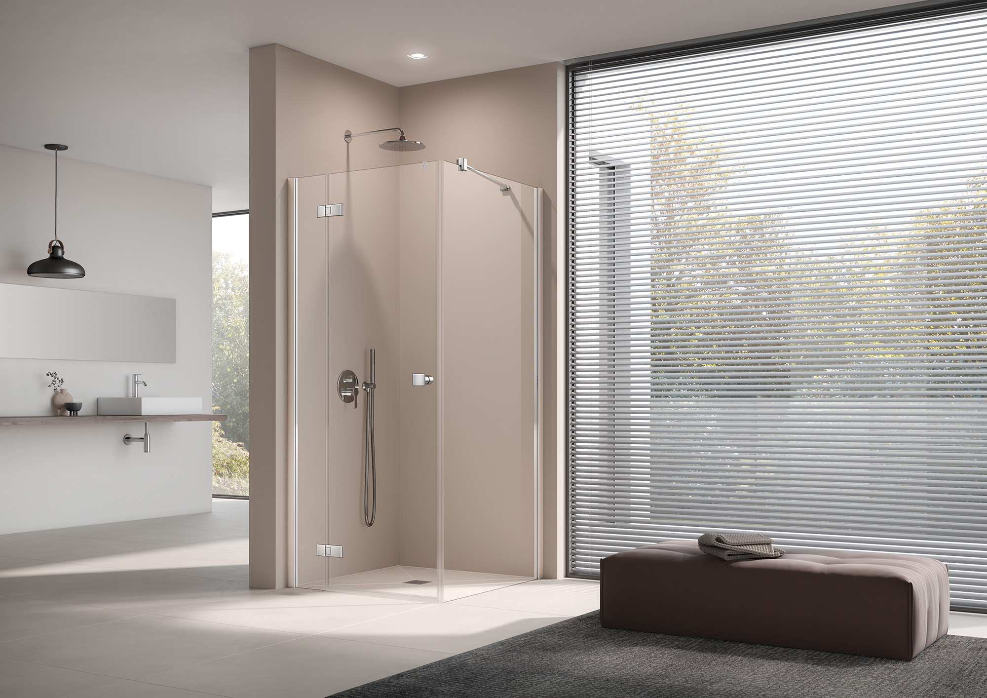 Kermi parois de douche avec ferrure MENA porte battante à 1 vantail avec panneau fixe avec profilé mural et paroi latérale